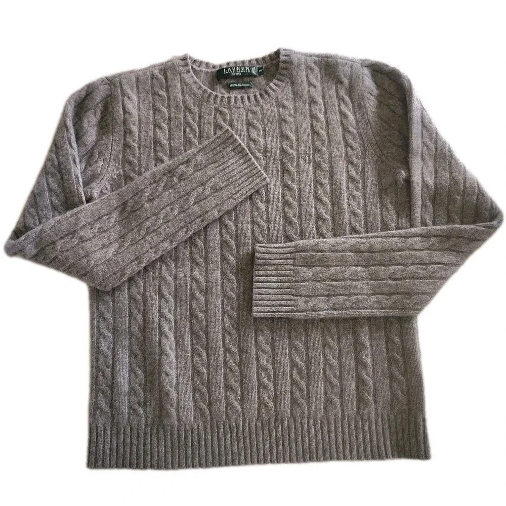 Lauren Ralph Lauren Petite P/P 100% Cashmere Cable Knit Sweater Gray Hand Wash
